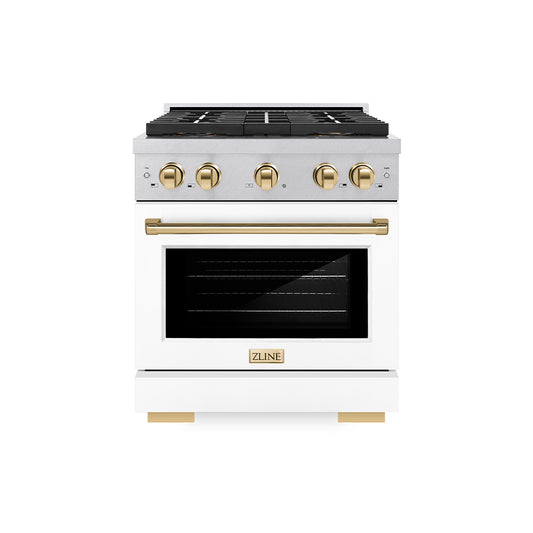 ZLINE Autograph Edition 30 in. 4.2 cu. ft. Paramount Gas Range with 4 Burner DuoPro™ Cooktop and Convection Gas Oven in Satin Stainless Steel with White Matte Door and Polished Gold Accents (PSGRSZ-WM-30-G)