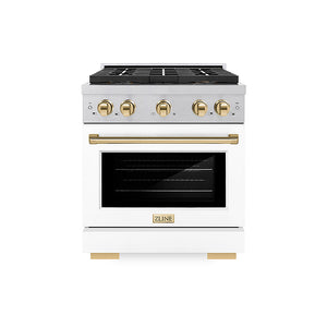 ZLINE Autograph Edition 30 in. 4.2 cu. ft. Paramount Gas Range with 4 Burner DuoPro™ Cooktop and Convection Gas Oven in Satin Stainless Steel with White Matte Door and Polished Gold Accents (PSGRSZ-WM-30-G)