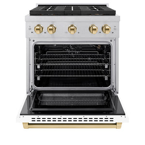 ZLINE Autograph Edition 30 in. 4.2 cu. ft. Paramount Gas Range with 4 Burner DuoPro™ Cooktop and Convection Gas Oven in Satin Stainless Steel with White Matte Door and Polished Gold Accents (PSGRSZ-WM-30-G)