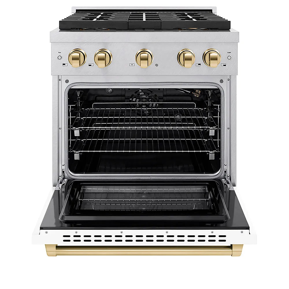 ZLINE Autograph Edition 30 in. 4.2 cu. ft. Paramount Gas Range with 4 Burner DuoPro™ Cooktop and Convection Gas Oven in Satin Stainless Steel with White Matte Door and Polished Gold Accents (PSGRSZ-WM-30-G) front, oven open.