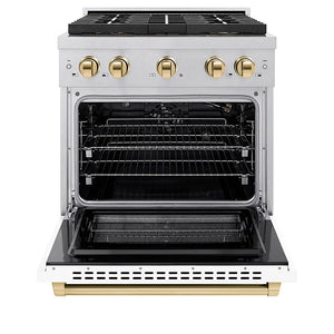 ZLINE Autograph Edition 30 in. 4.2 cu. ft. Paramount Gas Range with 4 Burner DuoPro™ Cooktop and Convection Gas Oven in Satin Stainless Steel with White Matte Door and Polished Gold Accents (PSGRSZ-WM-30-G) front, oven open.
