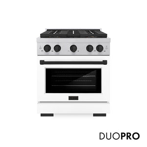 ZLINE Autograph Edition 30 in. 4.2 cu. ft. Paramount Gas Range with 4 Burner DuoPro™ Cooktop and Convection Gas Oven in Satin Stainless Steel with White Matte Door and Matte Black Accents (PSGRSZ-WM-30-MB)