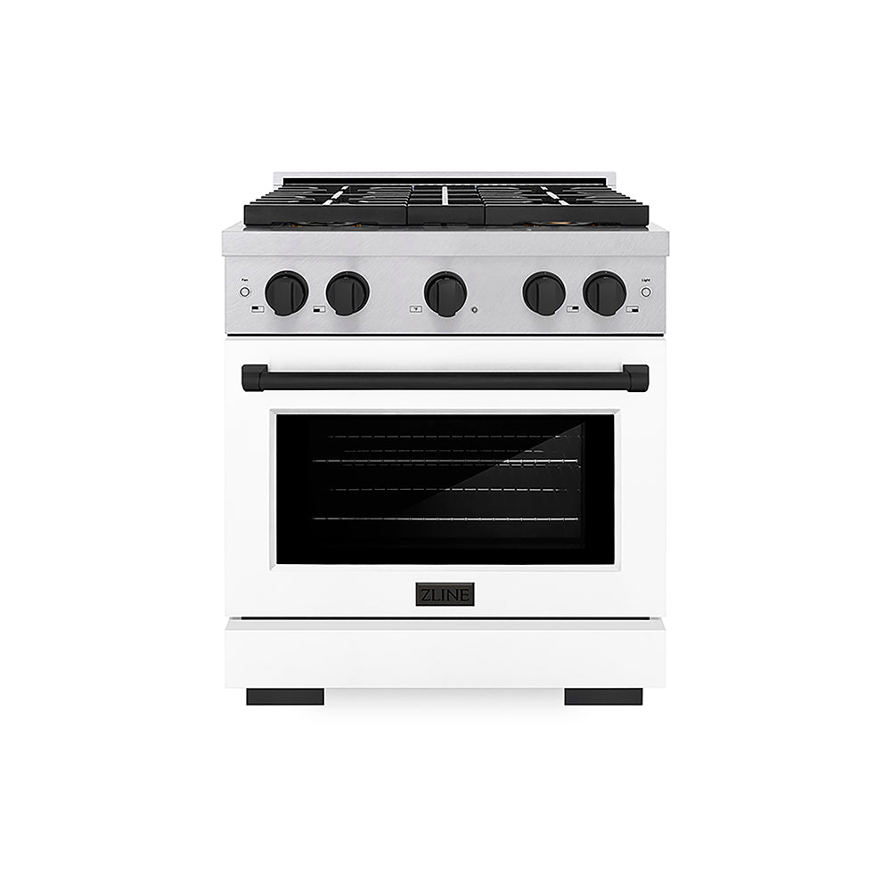 ZLINE Autograph Edition 30 in. 4.2 cu. ft. Paramount Gas Range with 4 Burner DuoPro™ Cooktop and Convection Gas Oven in Satin Stainless Steel with White Matte Door and Matte Black Accents (PSGRSZ-WM-30-MB)