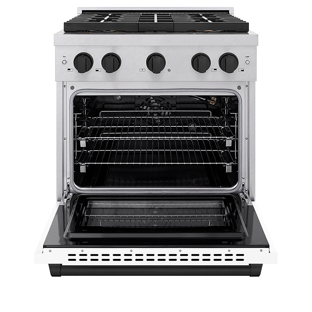 ZLINE Autograph Edition 30 in. 4.2 cu. ft. Paramount Gas Range with 4 Burner DuoPro™ Cooktop and Convection Gas Oven in Satin Stainless Steel with White Matte Door and Matte Black Accents (PSGRSZ-WM-30-MB)