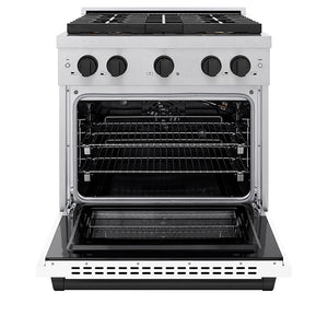 ZLINE Autograph Edition 30 in. 4.2 cu. ft. Paramount Gas Range with 4 Burner DuoPro™ Cooktop and Convection Gas Oven in Satin Stainless Steel with White Matte Door and Matte Black Accents (PSGRSZ-WM-30-MB)
