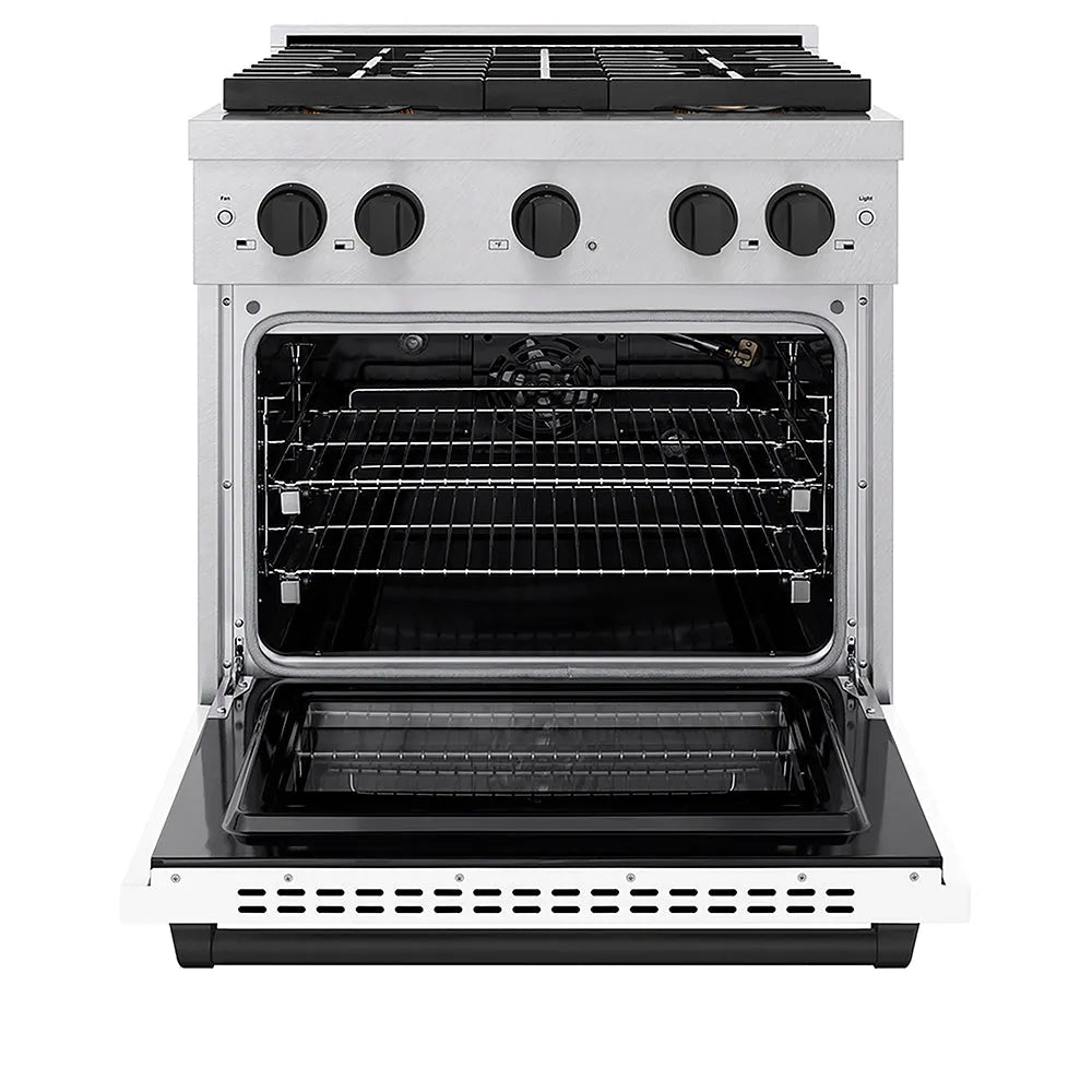 ZLINE Autograph Edition 30 in. 4.2 cu. ft. Paramount Gas Range with 4 Burner DuoPro™ Cooktop and Convection Gas Oven in Satin Stainless Steel with White Matte Door and Matte Black Accents (PSGRSZ-WM-30-MB) front, oven open.