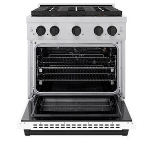 ZLINE Autograph Edition 30 in. 4.2 cu. ft. Paramount Gas Range with 4 Burner DuoPro™ Cooktop and Convection Gas Oven in Satin Stainless Steel with White Matte Door and Matte Black Accents (PSGRSZ-WM-30-MB) front, oven open.