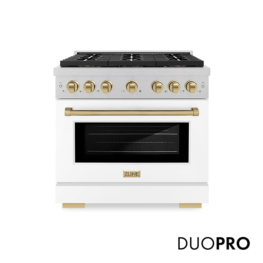 ZLINE Autograph Edition 36 in. 5.2 cu. ft. Paramount Gas Range with 6 Burner DuoPro™ Cooktop and Convection Gas Oven in Satin Stainless Steel with White Matte Door and Champagne Bronze Accents (PSGRSZ-WM-36-CB)