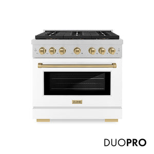 ZLINE Autograph Edition 36 in. 5.2 cu. ft. Paramount Gas Range with 6 Burner DuoPro™ Cooktop and Convection Gas Oven in Satin Stainless Steel with White Matte Door and Champagne Bronze Accents (PSGRSZ-WM-36-CB)