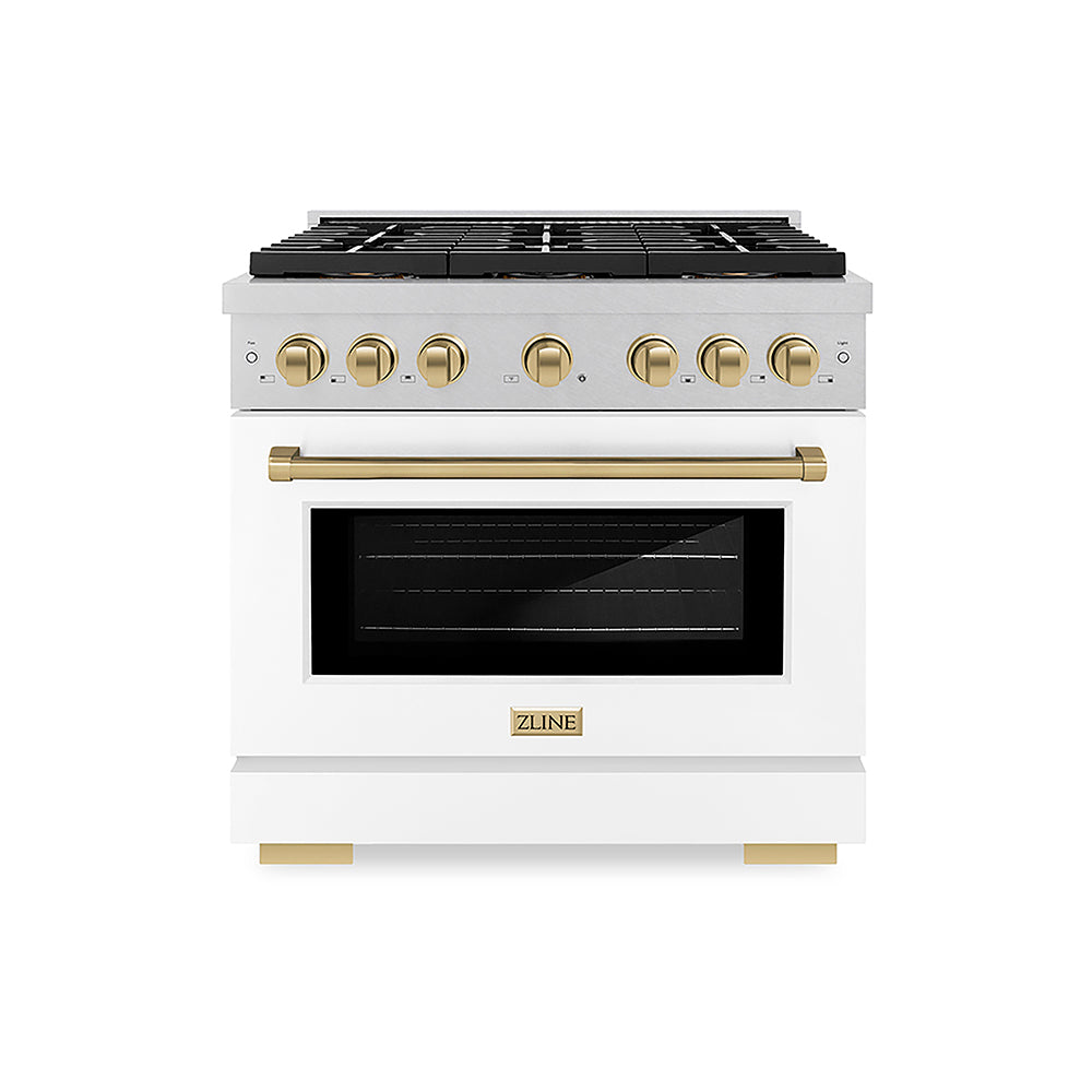 ZLINE Autograph Edition 36 in. 5.2 cu. ft. Paramount Gas Range with 6 Burner DuoPro™ Cooktop and Convection Gas Oven in Satin Stainless Steel with White Matte Door and Champagne Bronze Accents (PSGRSZ-WM-36-CB)