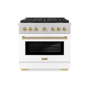 ZLINE Autograph Edition 36 in. 5.2 cu. ft. Paramount Gas Range with 6 Burner DuoPro™ Cooktop and Convection Gas Oven in Satin Stainless Steel with White Matte Door and Champagne Bronze Accents (PSGRSZ-WM-36-CB)
