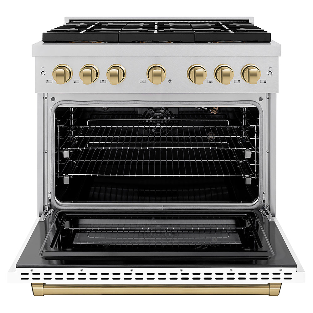 ZLINE Autograph Edition 36 in. 5.2 cu. ft. Paramount Gas Range with 6 Burner DuoPro™ Cooktop and Convection Gas Oven in Satin Stainless Steel with White Matte Door and Champagne Bronze Accents (PSGRSZ-WM-36-CB)