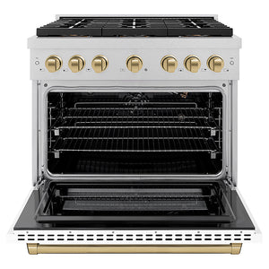 ZLINE Autograph Edition 36 in. 5.2 cu. ft. Paramount Gas Range with 6 Burner DuoPro™ Cooktop and Convection Gas Oven in Satin Stainless Steel with White Matte Door and Champagne Bronze Accents (PSGRSZ-WM-36-CB)
