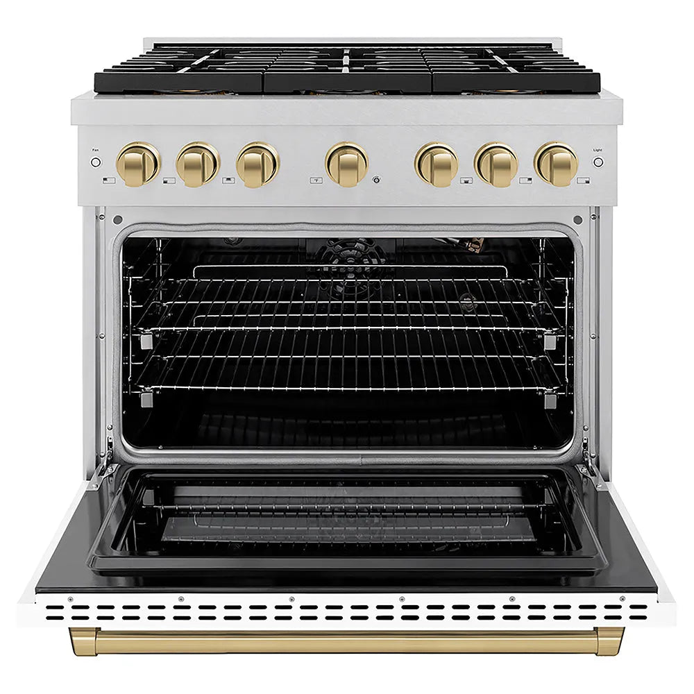 ZLINE Autograph Edition 36 in. 5.2 cu. ft. Paramount Gas Range with 6 Burner DuoPro™ Cooktop and Convection Gas Oven in Satin Stainless Steel with White Matte Door and Champagne Bronze Accents (PSGRSZ-WM-36-CB) front, oven open.