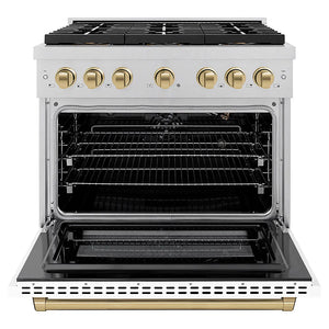 ZLINE Autograph Edition 36 in. 5.2 cu. ft. Paramount Gas Range with 6 Burner DuoPro™ Cooktop and Convection Gas Oven in Satin Stainless Steel with White Matte Door and Champagne Bronze Accents (PSGRSZ-WM-36-CB) front, oven open.