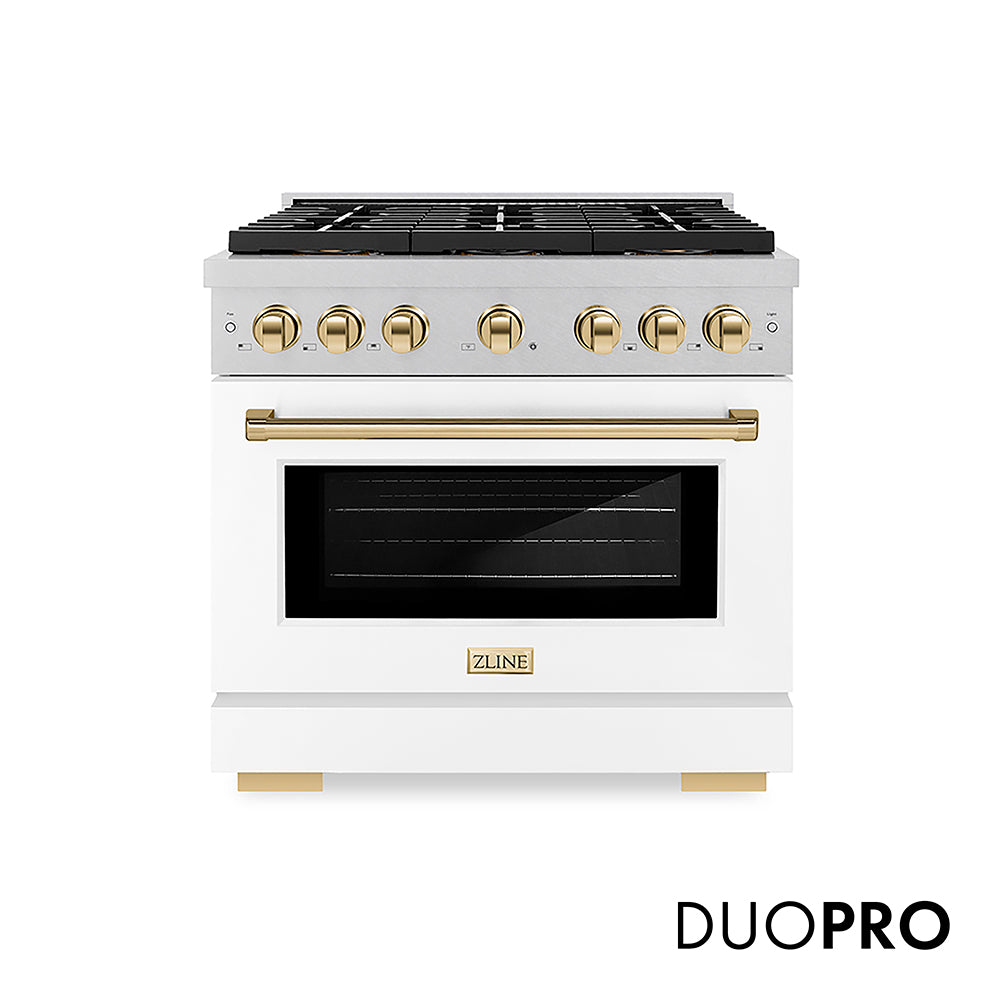 ZLINE Autograph Edition 36 in. 5.2 cu. ft. Paramount Gas Range with 6 Burner DuoPro™ Cooktop and Convection Gas Oven in Satin Stainless Steel with White Matte Door and Polished Gold Accents (PSGRSZ-WM-36-G)