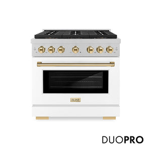 ZLINE Autograph Edition 36 in. 5.2 cu. ft. Paramount Gas Range with 6 Burner DuoPro™ Cooktop and Convection Gas Oven in Satin Stainless Steel with White Matte Door and Polished Gold Accents (PSGRSZ-WM-36-G)