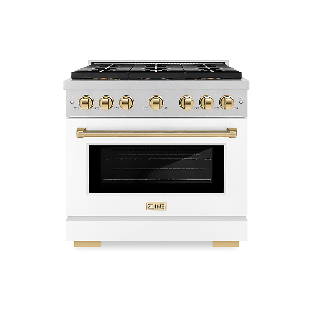 ZLINE Autograph Edition 36 in. 5.2 cu. ft. Paramount Gas Range with 6 Burner DuoPro™ Cooktop and Convection Gas Oven in Satin Stainless Steel with White Matte Door and Polished Gold Accents (PSGRSZ-WM-36-G)