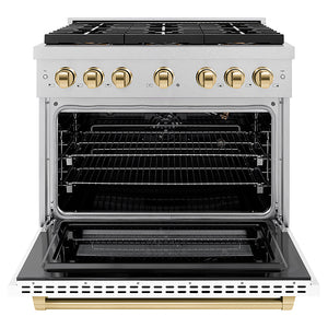 ZLINE Autograph Edition 36 in. 5.2 cu. ft. Paramount Gas Range with 6 Burner DuoPro™ Cooktop and Convection Gas Oven in Satin Stainless Steel with White Matte Door and Polished Gold Accents (PSGRSZ-WM-36-G)