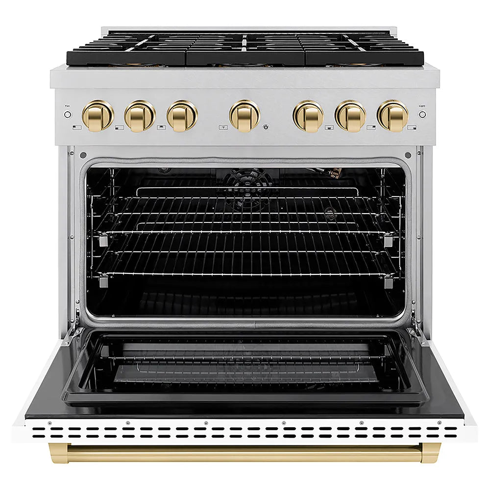ZLINE Autograph Edition 36 in. 5.2 cu. ft. Paramount Gas Range with 6 Burner DuoPro™ Cooktop and Convection Gas Oven in Satin Stainless Steel with White Matte Door and Polished Gold Accents (PSGRSZ-WM-36-G) front, oven open.