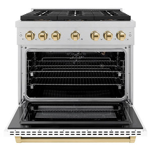 ZLINE Autograph Edition 36 in. 5.2 cu. ft. Paramount Gas Range with 6 Burner DuoPro™ Cooktop and Convection Gas Oven in Satin Stainless Steel with White Matte Door and Polished Gold Accents (PSGRSZ-WM-36-G) front, oven open.