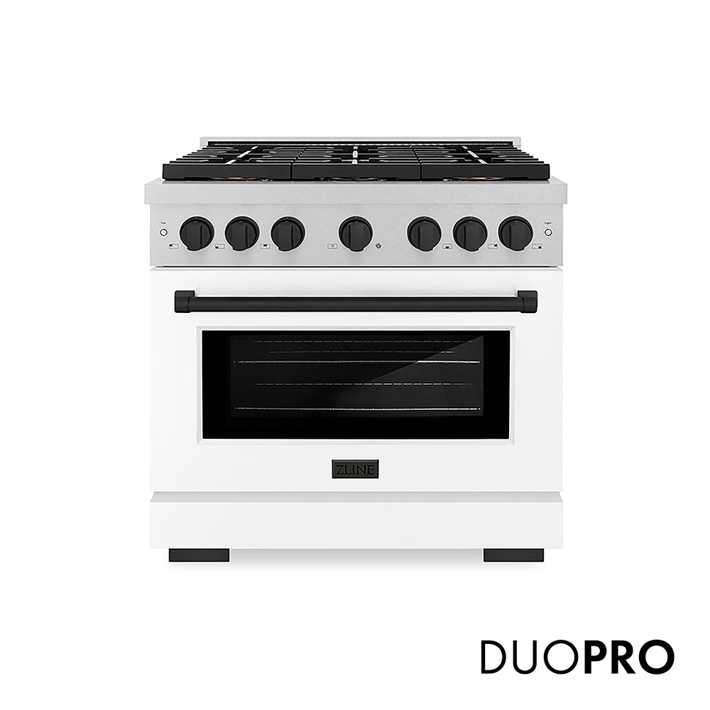 ZLINE Autograph Edition 36 in. 5.2 cu. ft. Paramount Gas Range with 6 Burner DuoPro™ Cooktop and Convection Gas Oven in Satin Stainless Steel with White Matte Door and Matte Black Accents (PSGRSZ-WM-36-MB)