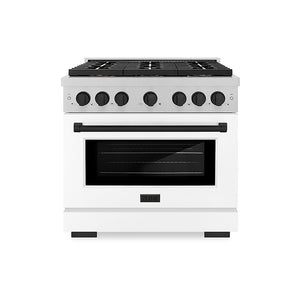 ZLINE Autograph Edition 36 in. 5.2 cu. ft. Paramount Gas Range with 6 Burner DuoPro™ Cooktop and Convection Gas Oven in Satin Stainless Steel with White Matte Door and Matte Black Accents (PSGRSZ-WM-36-MB)