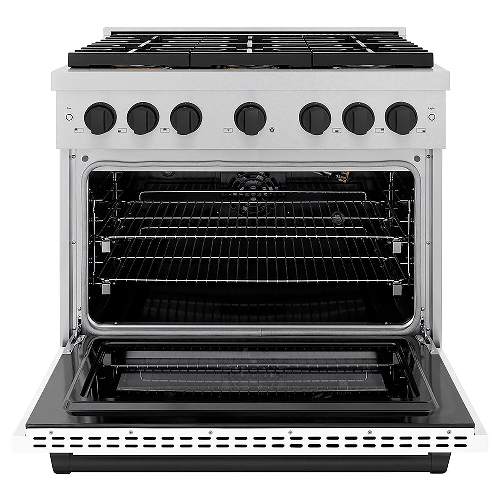 ZLINE Autograph Edition 36 in. 5.2 cu. ft. Paramount Gas Range with 6 Burner DuoPro™ Cooktop and Convection Gas Oven in Satin Stainless Steel with White Matte Door and Matte Black Accents (PSGRSZ-WM-36-MB)