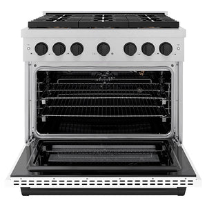 ZLINE Autograph Edition 36 in. 5.2 cu. ft. Paramount Gas Range with 6 Burner DuoPro™ Cooktop and Convection Gas Oven in Satin Stainless Steel with White Matte Door and Matte Black Accents (PSGRSZ-WM-36-MB)