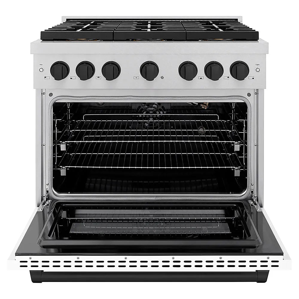 ZLINE Autograph Edition 36 in. 5.2 cu. ft. Paramount Gas Range with 6 Burner DuoPro™ Cooktop and Convection Gas Oven in Satin Stainless Steel with White Matte Door and Matte Black Accents (PSGRSZ-WM-36-MB) front, oven open.