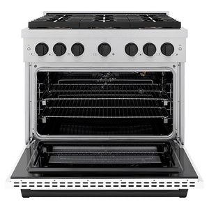 ZLINE Autograph Edition 36 in. 5.2 cu. ft. Paramount Gas Range with 6 Burner DuoPro™ Cooktop and Convection Gas Oven in Satin Stainless Steel with White Matte Door and Matte Black Accents (PSGRSZ-WM-36-MB) front, oven open.
