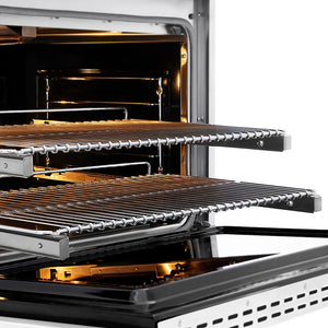 ZLINE Autograph Edition 36 in. 5.2 cu. ft. Paramount Gas Range with 6 Burner DuoPro™ Cooktop and Convection Gas Oven in Satin Stainless Steel with White Matte Door and Matte Black Accents (PSGRSZ-WM-36-MB) close-up, oven open with racks extended, showing design and structure.