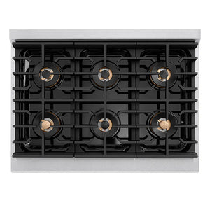 ZLINE Autograph Edition 36 in. 5.2 cu. ft. Paramount Gas Range with 6 Burner DuoPro™ Cooktop and Convection Gas Oven in Satin Stainless Steel with White Matte Door and Matte Black Accents (PSGRSZ-WM-36-MB) top-down, above cooktop.