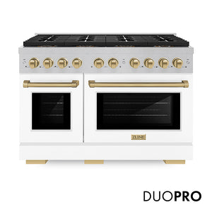 ZLINE Autograph Edition 48 in. 6.7 cu. ft. Paramount Gas Range with 8 Burner DuoPro™ Cooktop and Dual Ovens in Satin Stainless Steel with White Matte Doors and Champagne Bronze Accents (PSGRSZ-WM-48-CB)