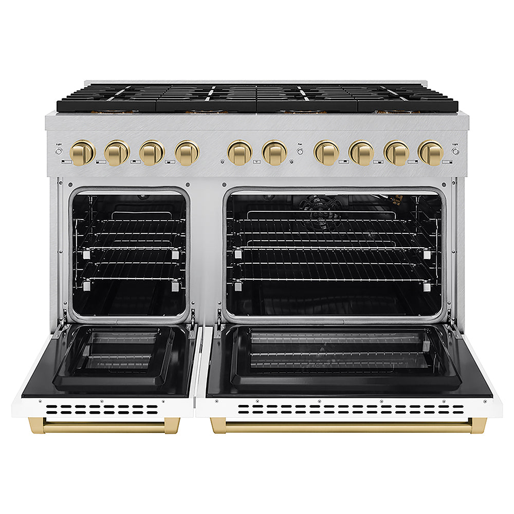 ZLINE Autograph Edition 48 in. 6.7 cu. ft. Paramount Gas Range with 8 Burner DuoPro™ Cooktop and Dual Ovens in Satin Stainless Steel with White Matte Doors and Champagne Bronze Accents (PSGRSZ-WM-48-CB)