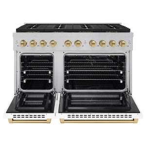 ZLINE Autograph Edition 48 in. 6.7 cu. ft. Paramount Gas Range with 8 Burner DuoPro™ Cooktop and Dual Ovens in Satin Stainless Steel with White Matte Doors and Champagne Bronze Accents (PSGRSZ-WM-48-CB)