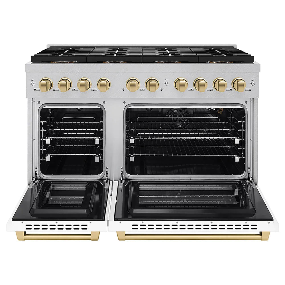 ZLINE Autograph Edition 48 in. 6.7 cu. ft. Paramount Gas Range with 8 Burner DuoPro™ Cooktop and Dual Ovens in Satin Stainless Steel with White Matte Doors and Champagne Bronze Accents (PSGRSZ-WM-48-CB) front, oven open.