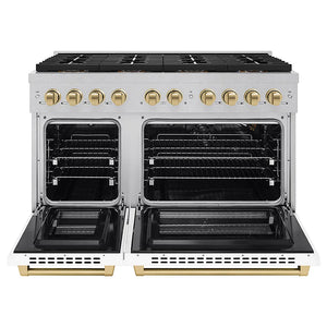 ZLINE Autograph Edition 48 in. 6.7 cu. ft. Paramount Gas Range with 8 Burner DuoPro™ Cooktop and Dual Ovens in Satin Stainless Steel with White Matte Doors and Champagne Bronze Accents (PSGRSZ-WM-48-CB) front, oven open.