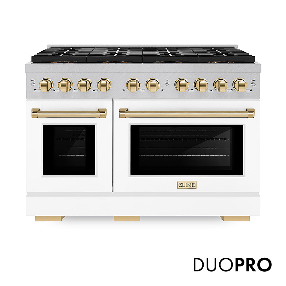 ZLINE Autograph Edition 48 in. 6.7 cu. ft. Paramount Gas Range with 8 Burner DuoPro™ Cooktop and Dual Ovens in Satin Stainless Steel with White Matte Doors and Polished Gold Accents (PSGRSZ-WM-48-G)