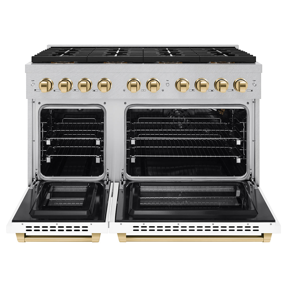ZLINE Autograph Edition 48 in. 6.7 cu. ft. Paramount Gas Range with 8 Burner DuoPro™ Cooktop and Dual Ovens in Satin Stainless Steel with White Matte Doors and Polished Gold Accents (PSGRSZ-WM-48-G) front, oven open.