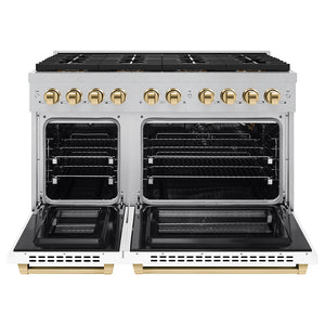 ZLINE Autograph Edition 48 in. 6.7 cu. ft. Paramount Gas Range with 8 Burner DuoPro™ Cooktop and Dual Ovens in Satin Stainless Steel with White Matte Doors and Polished Gold Accents (PSGRSZ-WM-48-G) front, oven open.