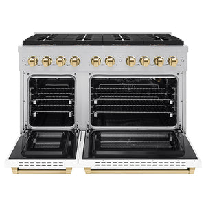 ZLINE Autograph Edition 48 in. 6.7 cu. ft. Paramount Gas Range with 8 Burner DuoPro™ Cooktop and Dual Ovens in Satin Stainless Steel with White Matte Doors and Polished Gold Accents (PSGRSZ-WM-48-G)