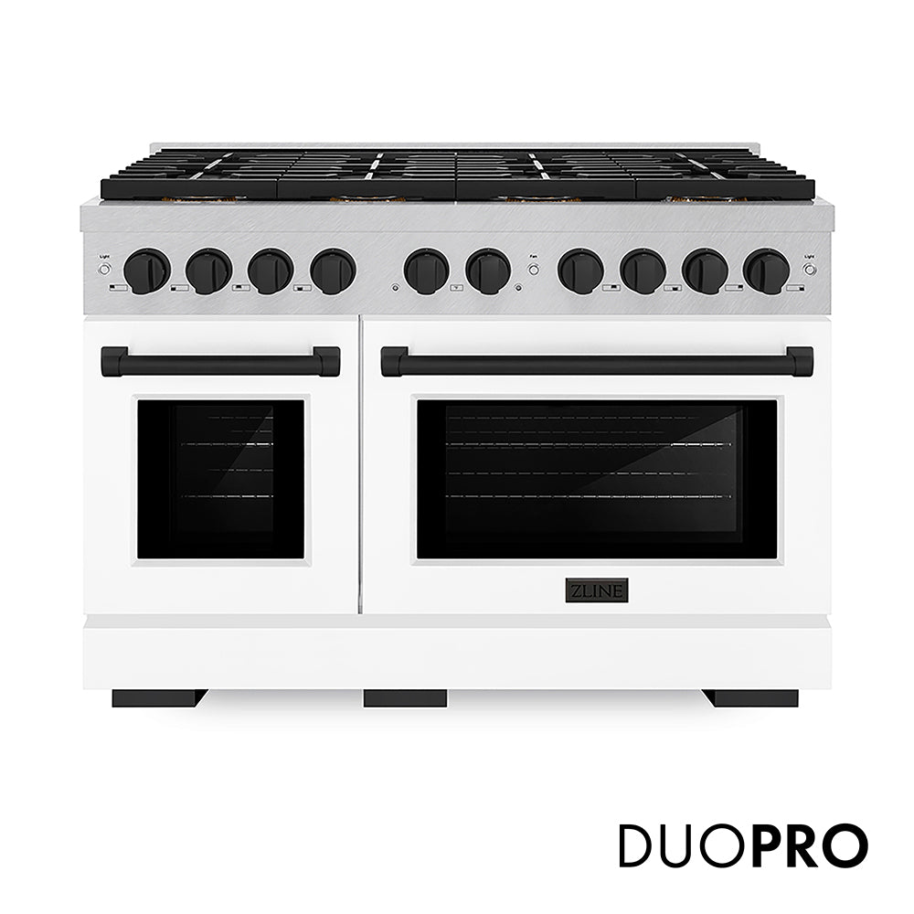 ZLINE Autograph Edition 48 in. 6.7 cu. ft. Paramount Gas Range with 8 Burner DuoPro™ Cooktop and Dual Ovens in Satin Stainless Steel with White Matte Doors and Matte Black Accents (PSGRSZ-WM-48-MB)