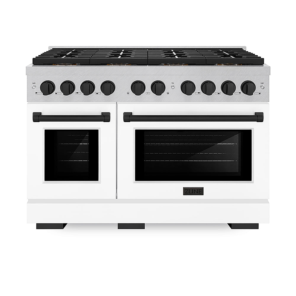 ZLINE Autograph Edition 48 in. 6.7 cu. ft. Paramount Gas Range with 8 Burner DuoPro™ Cooktop and Dual Ovens in Satin Stainless Steel with White Matte Doors and Matte Black Accents (PSGRSZ-WM-48-MB)