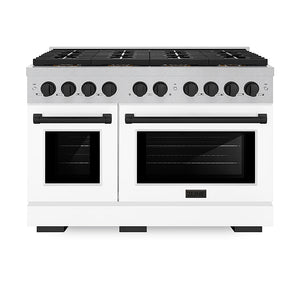 ZLINE Autograph Edition 48 in. 6.7 cu. ft. Paramount Gas Range with 8 Burner DuoPro™ Cooktop and Dual Ovens in Satin Stainless Steel with White Matte Doors and Matte Black Accents (PSGRSZ-WM-48-MB)
