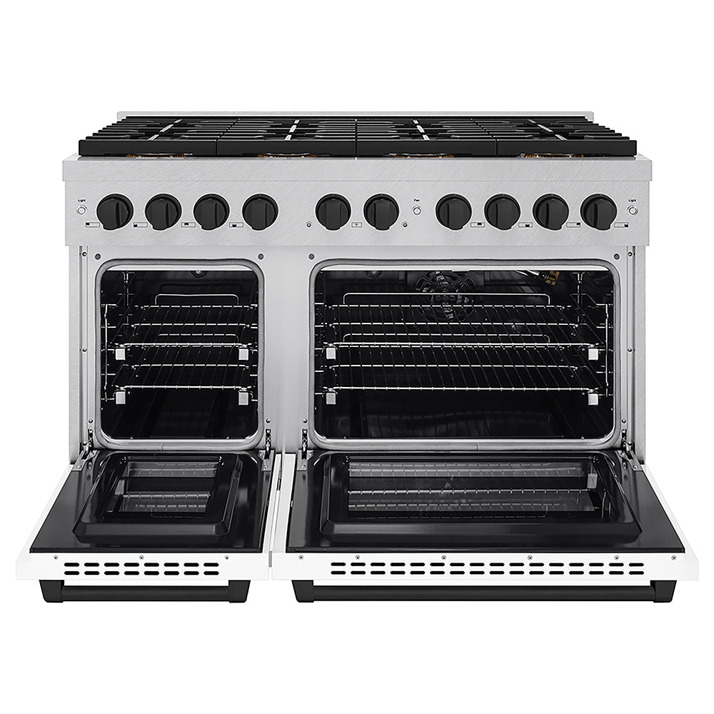 ZLINE Autograph Edition 48 in. 6.7 cu. ft. Paramount Gas Range with 8 Burner DuoPro™ Cooktop and Dual Ovens in Satin Stainless Steel with White Matte Doors and Matte Black Accents (PSGRSZ-WM-48-MB)