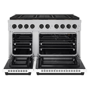 ZLINE Autograph Edition 48 in. 6.7 cu. ft. Paramount Gas Range with 8 Burner DuoPro™ Cooktop and Dual Ovens in Satin Stainless Steel with White Matte Doors and Matte Black Accents (PSGRSZ-WM-48-MB)