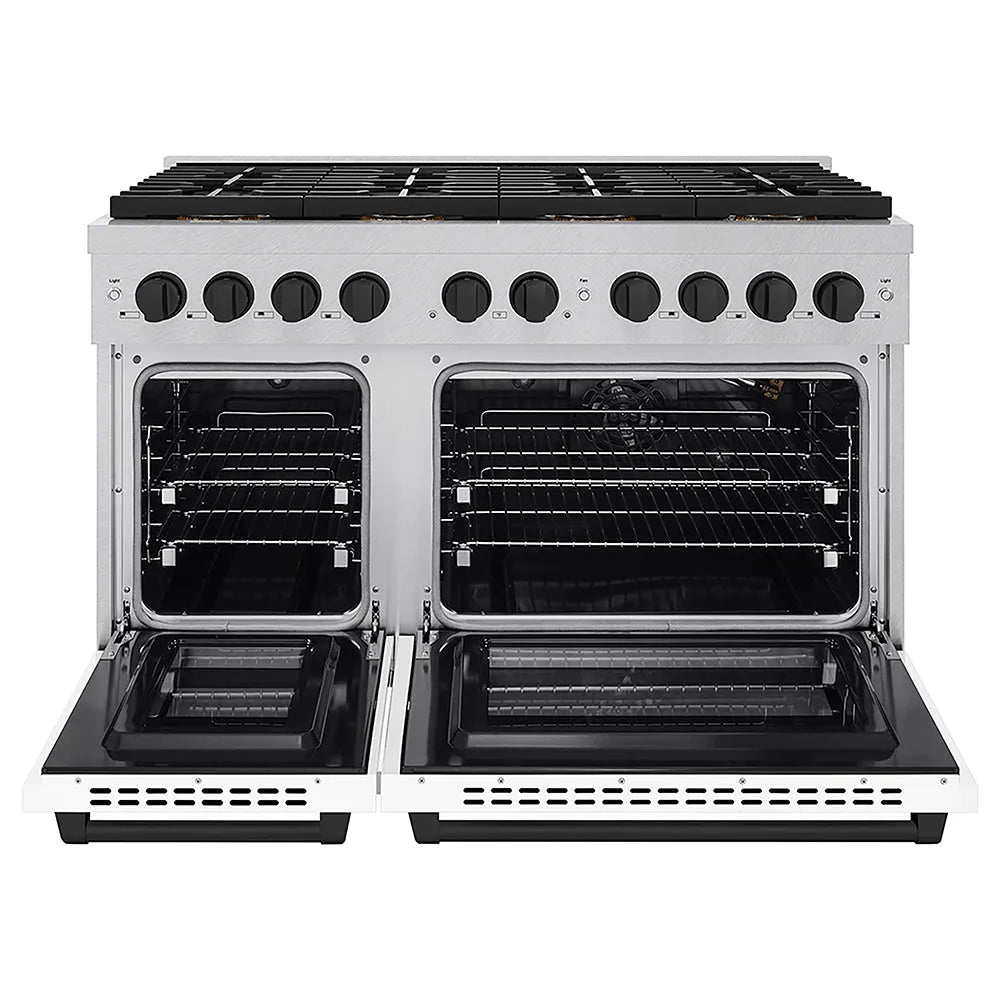 ZLINE Autograph Edition 48 in. 6.7 cu. ft. Paramount Gas Range with 8 Burner DuoPro™ Cooktop and Dual Ovens in Satin Stainless Steel with White Matte Doors and Matte Black Accents (PSGRSZ-WM-48-MB) front, oven open.
