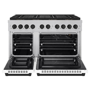 ZLINE Autograph Edition 48 in. 6.7 cu. ft. Paramount Gas Range with 8 Burner DuoPro™ Cooktop and Dual Ovens in Satin Stainless Steel with White Matte Doors and Matte Black Accents (PSGRSZ-WM-48-MB) front, oven open.
