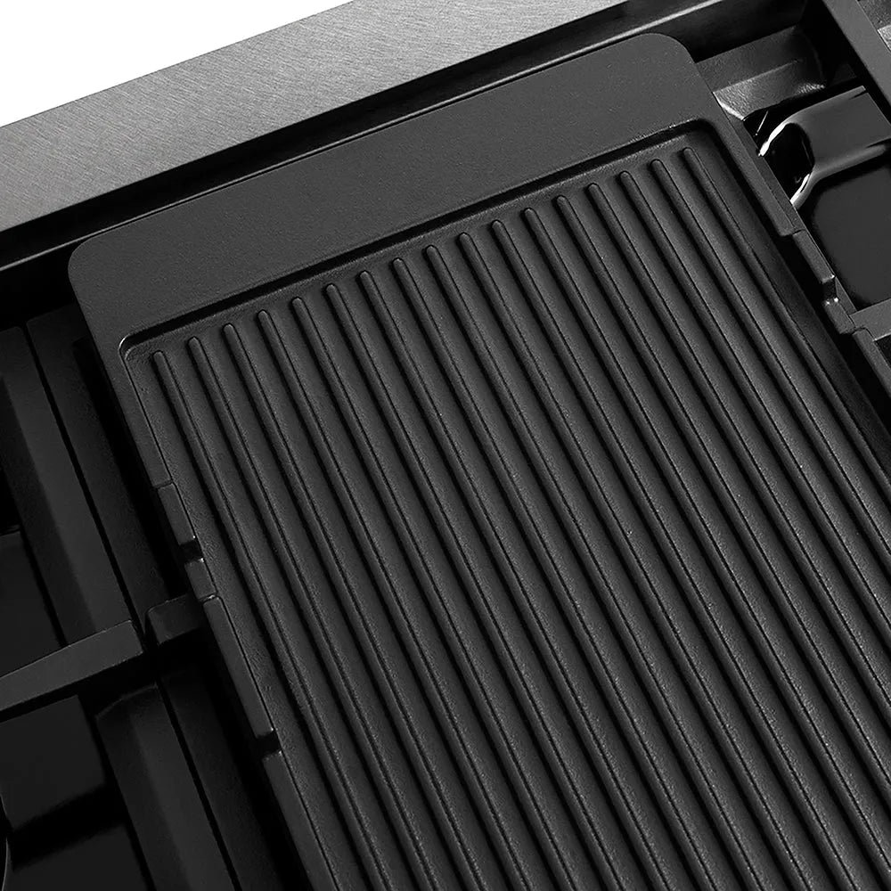 ZLINE Autograph Edition 48 in. 6.7 cu. ft. Paramount Gas Range with 8 Burner DuoPro™ Cooktop and Dual Ovens in Satin Stainless Steel with White Matte Doors and Matte Black Accents (PSGRSZ-WM-48-MB) reversible griddle ribbed side.
